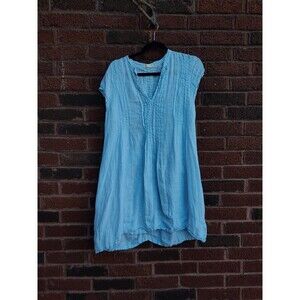 CP Shapes Regina Cap Sleeve Tunic Blouse Blue And White Striped Linen Medium